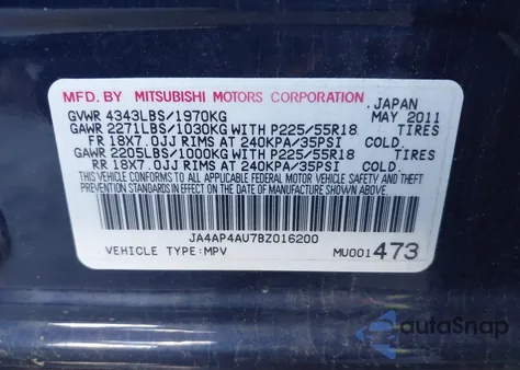2011 Mitsubishi Outlander Sport Se from USA, damaged, VIN JA4AP4AU7BZ016200